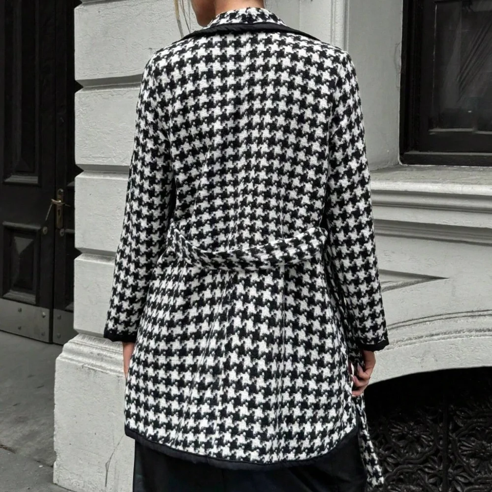 Classic Houndstooth Print Tweed Belted Coat Jacket - Picture 5 of 6